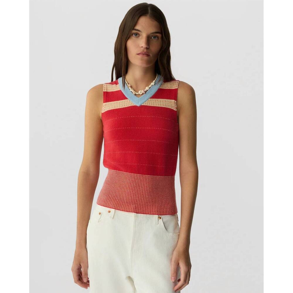 NEW GUEST IN RESIDENCE collegiate stripe vest in scarlet combo